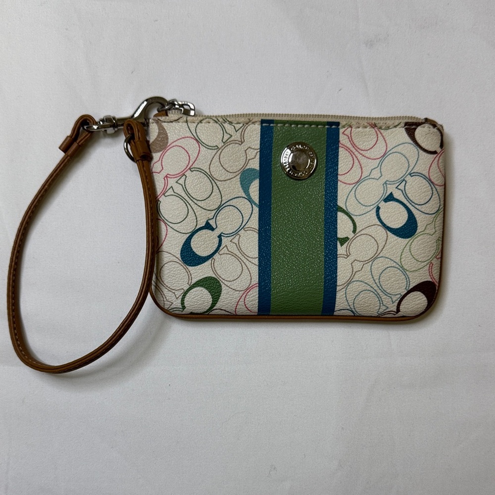 Coach Signature Stripe ID‎ Wristlet | Multicolor “C” Print + Aqua Stripe